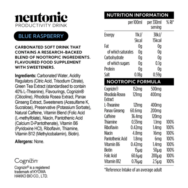 Neutonic Blue Raspberry Colour Neutonic - Productivity Drink - Blue Raspberry (12 x 330ml) — Snackfully
