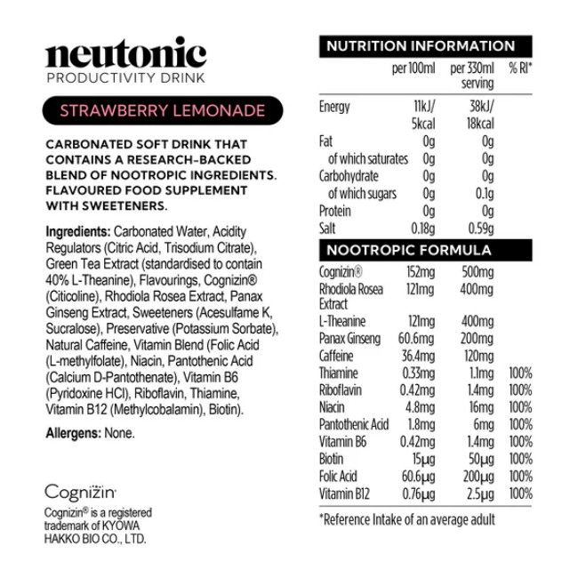Neutonic - Productivity Drink - Strawberry Lemonade (12 x 330ml)